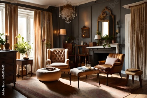 Enter the modern vintage interior of the living room, a haven of retro chic. Ai generated © jones