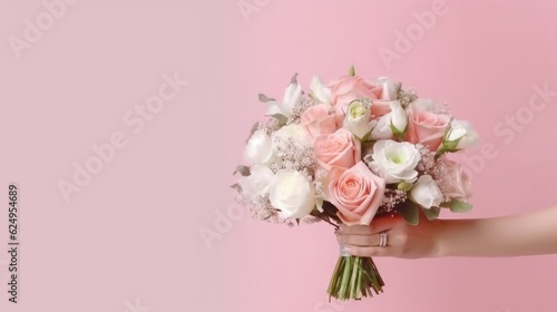 Wedding banner, place for text. Beautiful bridal bouquet of the bride on the pink background. Wedding concept. Generative AI ©  AKA-RA