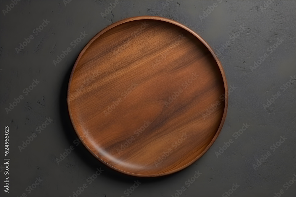 empty flat wooden plate on the table top view, generative ai empty flat wooden plate on the table top view, generative ai