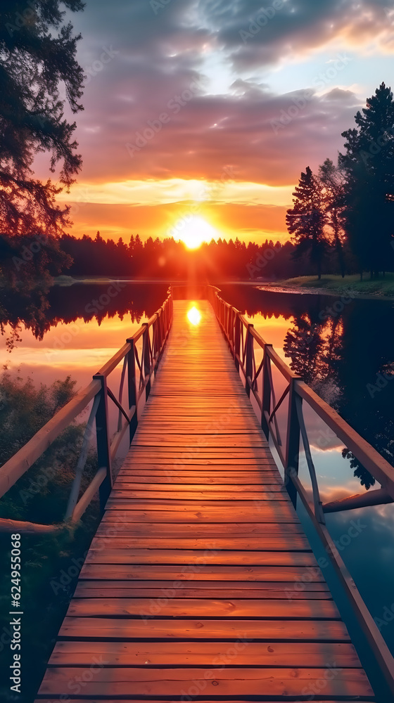 bridge over water into sunset, pier over water at dawn at golden hour, generative ai bridge over water into sunset, pier over water at dawn at golden hour, generative ai