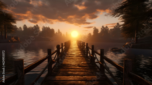 bridge over water into sunset  pier over water at dawn at golden hour  generative ai