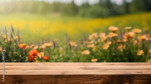 a wooden table and a blurred background of a flowering meadow behind it, generative ai