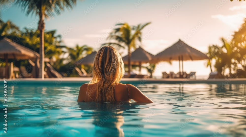 A woman enjoys swimming in the pool, rear view. Summer vacation and relax. Generative AI A woman enjoys swimming in the pool, rear view. Summer vacation and relax. Generative AI