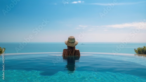 A woman in a hat enjoys swimming in the pool  rear view. Summer vacation and relax. Generative AI