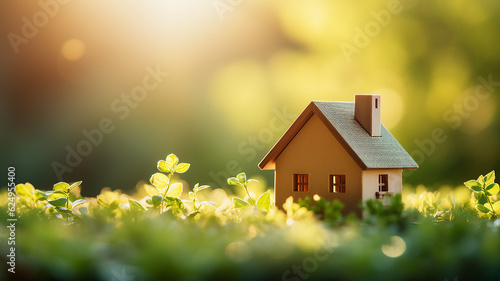 casa e vita , concetto di abitazione , piccolo modellino di abitazione in mezzo al prato, luce naturale, casa e famiglia ,protezione