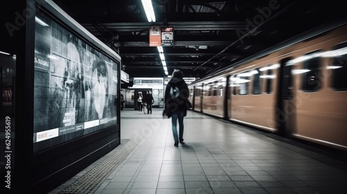 Beautiful standing billboard in the underground subway. Generative AI