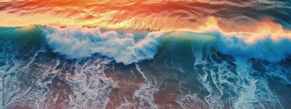 Ocean at high tide at sunset. Colored ocean waves. Digital ai art