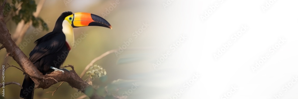 Colourful toucan sitting on a tree. Generative AI banner Colourful toucan sitting on a tree. Generative AI banner