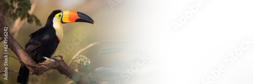 Colourful toucan sitting on a tree. Generative AI banner