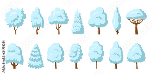 Winter tree icon set. Snowy white plants side view. Arboretum willow oak poplar birch. Cartoon different trees frosty forest. Botanical natural garden maple aspen alder ash linden acacia chestnut elm