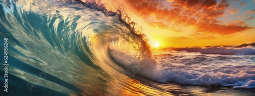 Ocean at high tide at sunset. Colored ocean waves, abstract. Generative AI