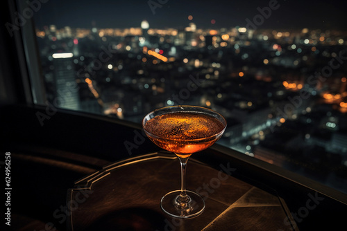 a beautiful cocktail at a rooftop bar overlooking a gorgeous city