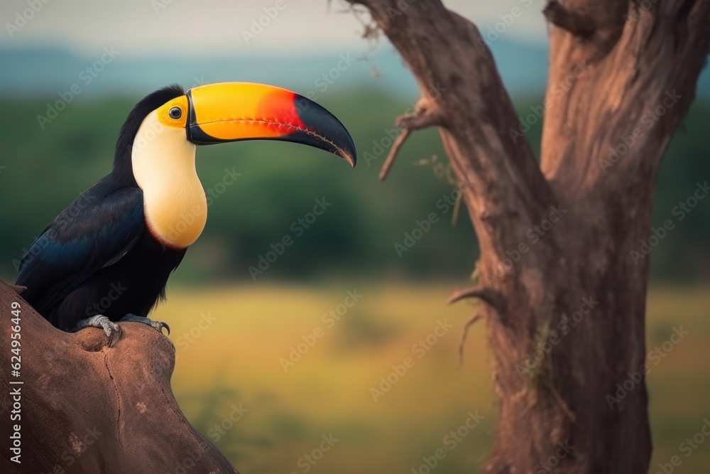 Colourful toucan sitting on a tree. Generative AI Colourful toucan sitting on a tree. Generative AI