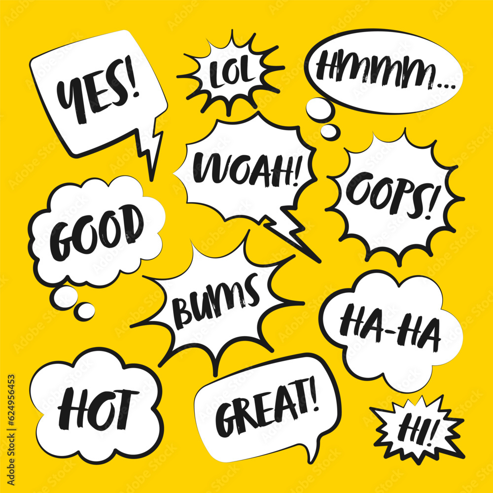 Comic speech bubbles with handwritten text. Outline, hand drawn retro cartoon stickers on yellow background. Chatting and communication, dialog elements. Pop art style. Vector illustration Comic speech bubbles with handwritten text. Outline, hand drawn retro cartoon stickers on yellow background. Chatting and communication, dialog elements. Pop art style. Vector illustration