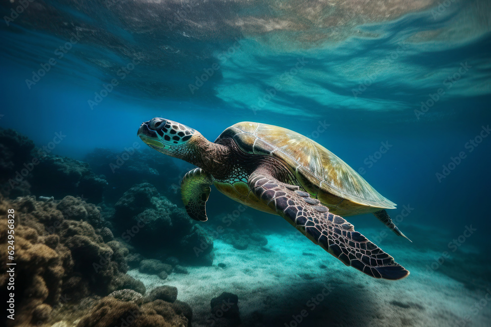 Big turtle diving in the ocean, generative AI