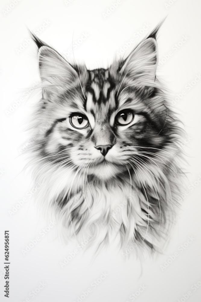 Black and white drawing of a beautiful cat. Generative AI. Black and white drawing of a beautiful cat. Generative AI.