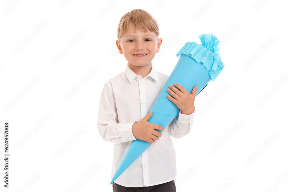Little boy with blue school cone isolated on white background Little boy with blue school cone isolated on white background