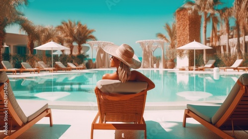 A woman in a swimsuit and panama enjoys sunbathing on a chaise longue on the edge of the pool, rear view. Summer vacation and relaxation. Generative AI
