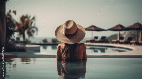 A woman in a swimsuit and panama enjoys sunbathing on the edge of the pool, rear view. Summer vacation and relaxation. Generative AI ©  AKA-RA