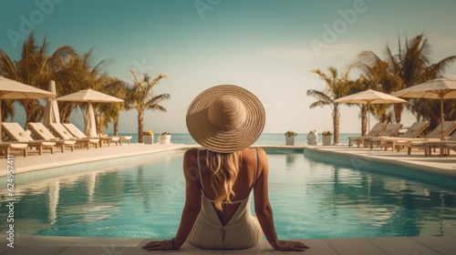 A woman in a swimsuit and panama enjoys sunbathing on the edge of the pool, rear view. Summer vacation and relaxation. Generative AI