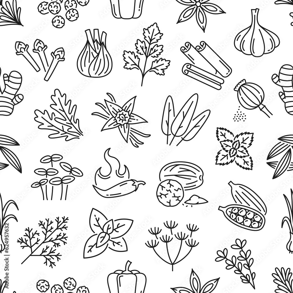 Spice, herbs and seasonings seamless pattern. Textile pattern, wrapping paper vector print or fabric backdrop. Wallpaper seamless background with fennel, clove, coriander and cinnamon, garlic, arugula