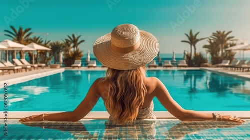 A woman in a swimsuit and panama enjoys sunbathing on the edge of the pool, rear view. Summer vacation and relaxation. Generative AI