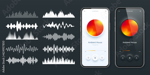 Online audio player user interface, smartphone app UI design. Music, media streaming and listening platform. Responsive mobile application. Neumorphism. Various sound waves. Vector illustration