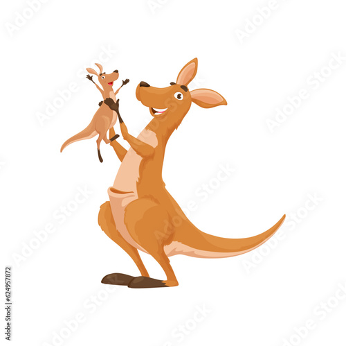 Cartoon mother and tiny kangaroo characters. Vector australian wallaby animals family mom and baby. Isolated funny smiling wallaroo parent and child comic personages. Love, childhood, parenting scene