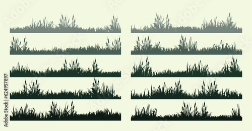 Meadow silhouettes with grass, plants on plain. Panoramic summer lawn landscape with herbs, various weeds. Herbal border, frame element. Green horizontal banners. Vector illustration