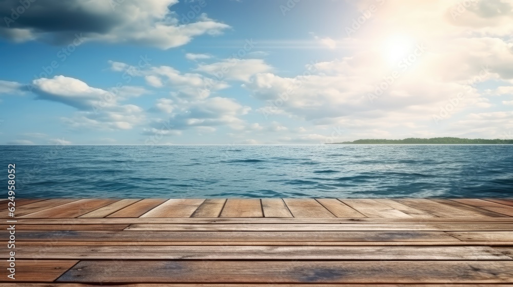 An empty wooden plank on a background of nature and water. Beautiful sky and clouds. Generative AI