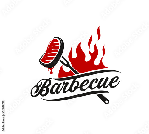 BBQ grill restaurant icon with stake on fork, red fire flame. BBQ party, beefsteak grill steakhouse or butcher shop vector sign. Meat roast, beef gourmet, barbeque cafe emblem or symbol