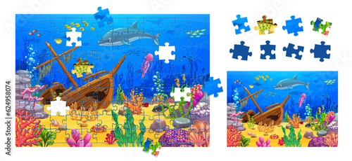 Jigsaw puzzle underwater landscape pieces. Cartoon sea dolphin and fish, seaweeds and corals. Part connect puzzle, figure find kids quiz vector worksheet with sunken ship, sea fishes and algae plants