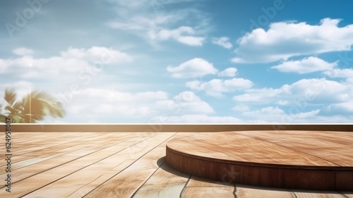 An empty wooden plank on a background of nature. Beautiful sky and clouds. Generative AI