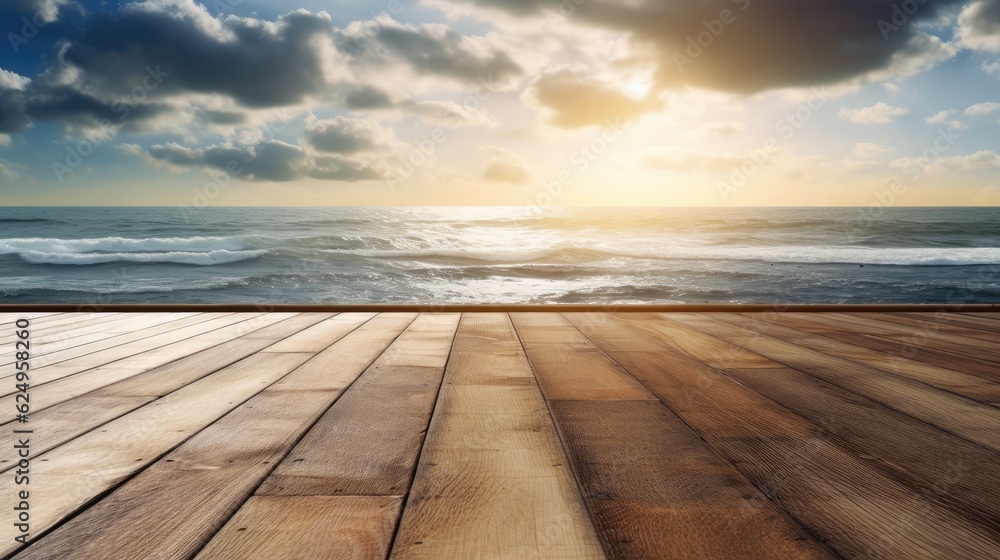 An empty wooden plank on a background of nature and water. Beautiful sky and clouds. Generative AI An empty wooden plank on a background of nature and water. Beautiful sky and clouds. Generative AI