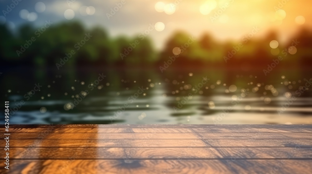 Obraz premium An empty wooden table on a blurry background of water and trees. Generative AI