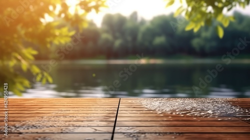 An empty wooden table on a blurry background of water and trees. Generative AI ©  AKA-RA