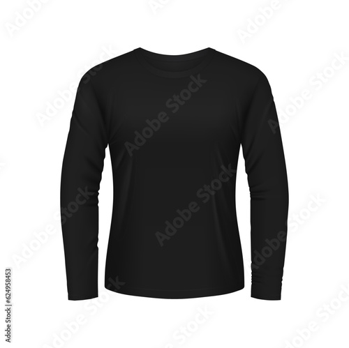 Black longsleeve shirt for men isolated 3d vector mockup. Blank jersey or thermal clothes apparel design front view, realistic long sleeved underwear, sport garment or casual cotton clothes template
