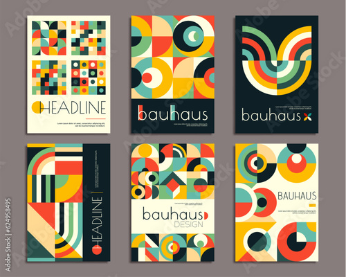 Bauhaus posters with geometric abstract patterns, vector modern backgrounds. Bauhaus mosaic pattern of abstract geometric shapes, trendy vintage Scandinavian or Swiss color and minimal art patterns