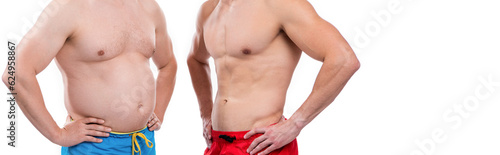 before fat after slim compare of men isolated on white with copy space. before fat after slim
