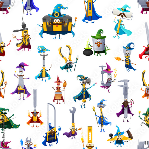 Cartoon tools wizard and warlock characters seamless pattern. Textile print vector pattern. Wrapping paper seamless backdrop with toolbox, axe, saw and wrench, vise, spatula sorcerer cute personages
