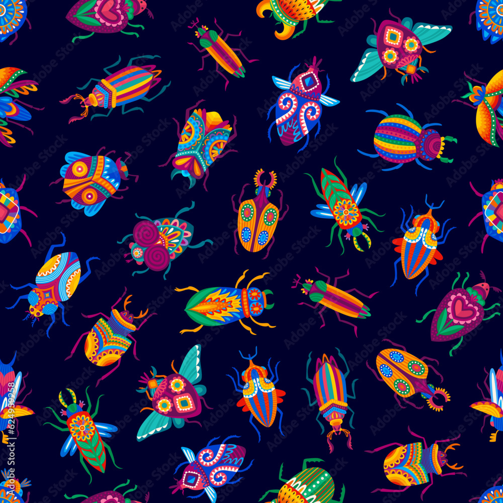 Cartoon beetles seamless pattern background of vector colorful bugs and insects. Beetles pattern of bugs or ladybugs with floral bright colors ornament or Mexican alebrije art or patchwork pattern