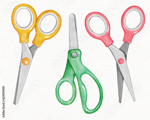 Scissors set watercolor drawing vector illustration isolated on white background. Colorful Scissors clipart open and closed