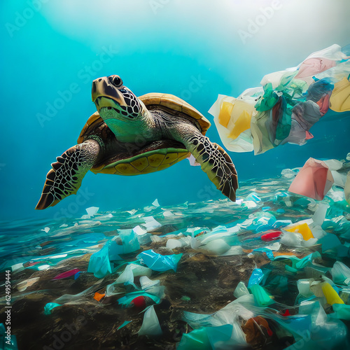turtle swimming in the sea polluted with plastic waste.