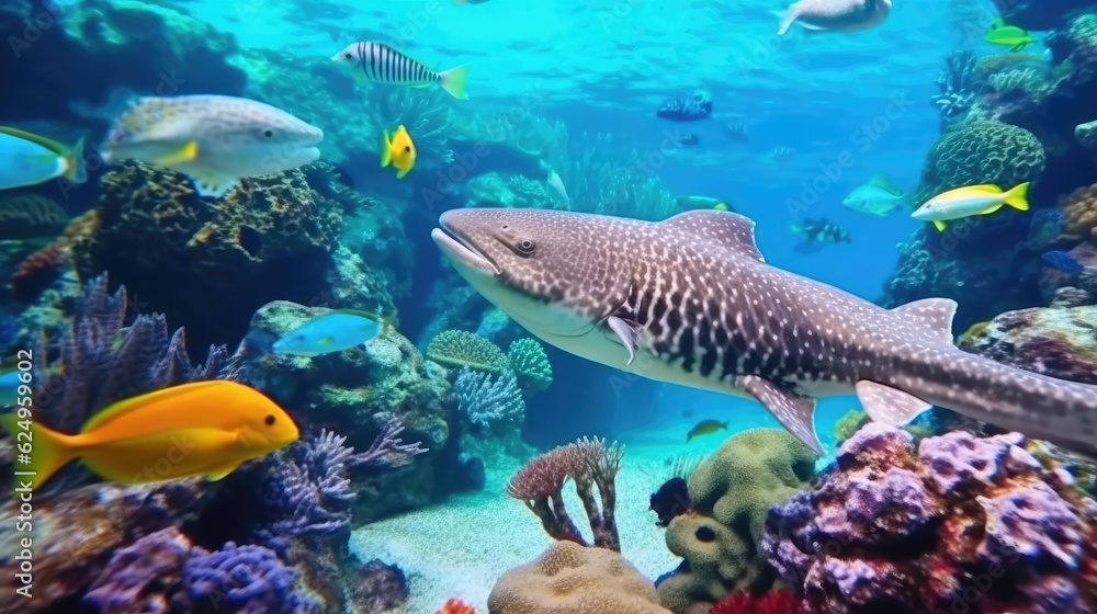 Reef with a variety of hard and soft corals and tropical fish. Group of colorful fish and sea animals with colorful coral. Generative AI Reef with a variety of hard and soft corals and tropical fish. Group of colorful fish and sea animals with colorful coral. Generative AI