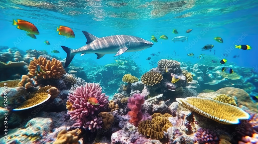 Reef with a variety of hard and soft corals and tropical fish. Group of colorful fish and sea animals with colorful coral. Generative AI