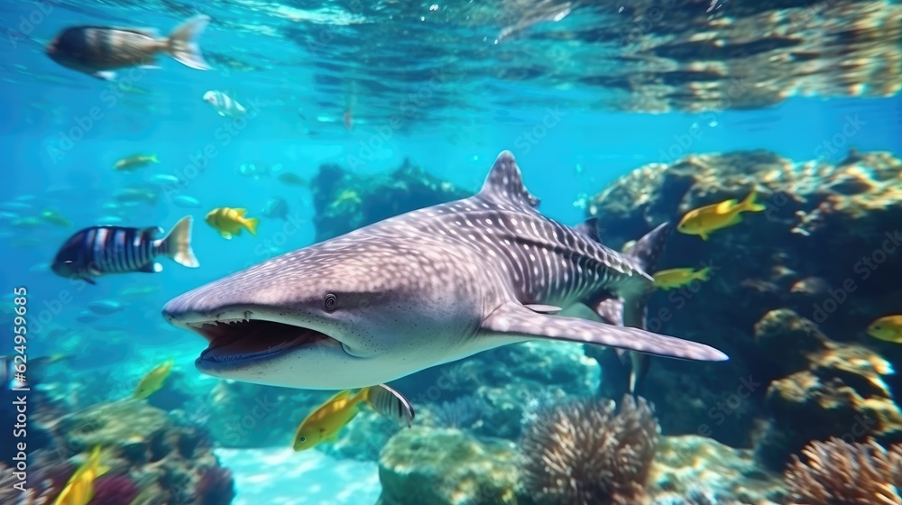 Fototapeta premium Reef with a variety of hard and soft corals and tropical fish. Group of colorful fish and sea animals with colorful coral. Generative AI