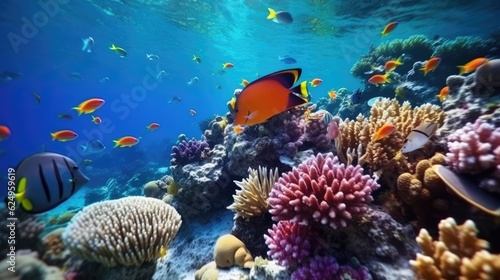 Reef with a variety of hard and soft corals and tropical fish. Group of colorful fish and sea animals with colorful coral. Generative AI ©  AKA-RA