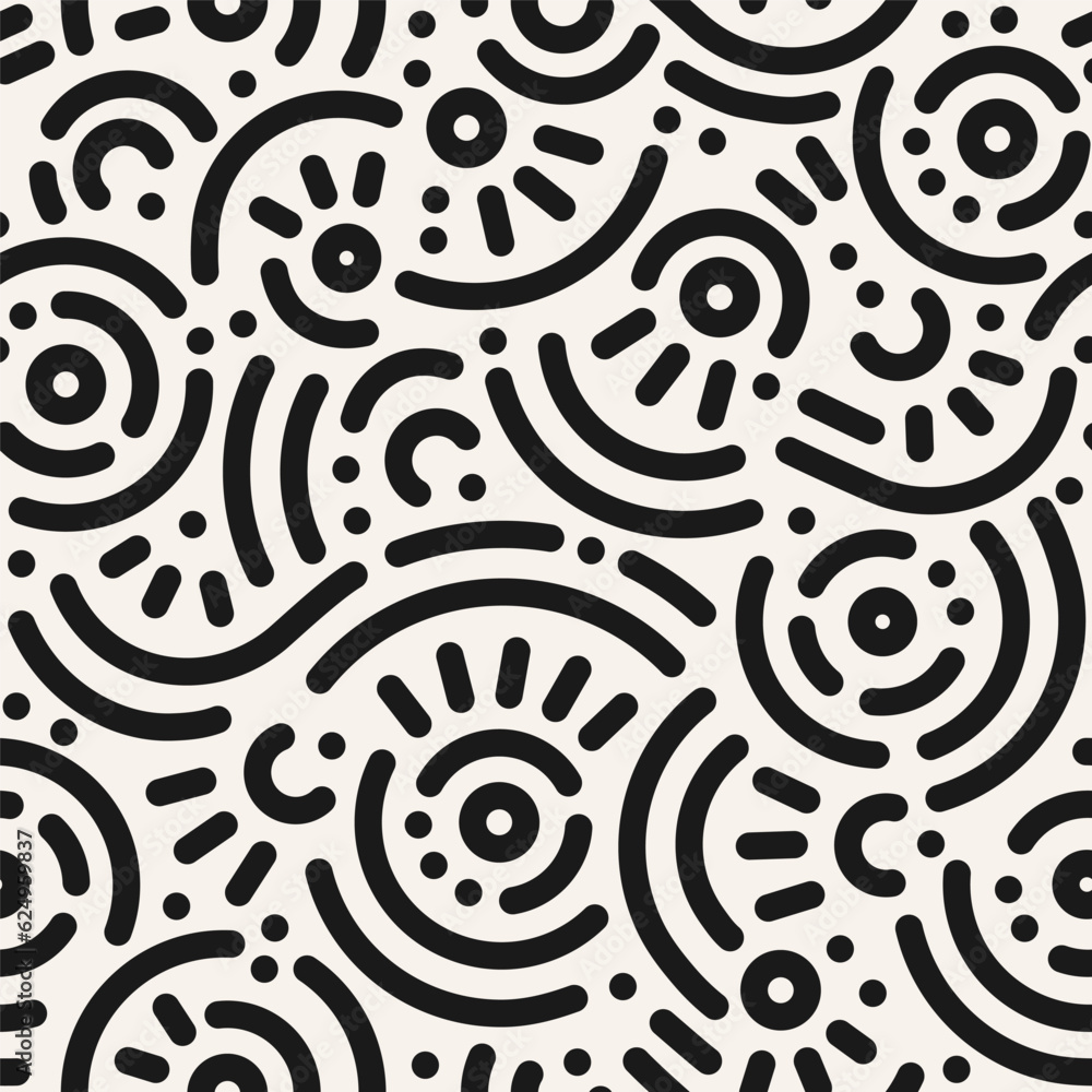 Fototapeta premium Seamless doodle geometric pattern. Abstract modern background with circles and curves. Hipster Memphis style.