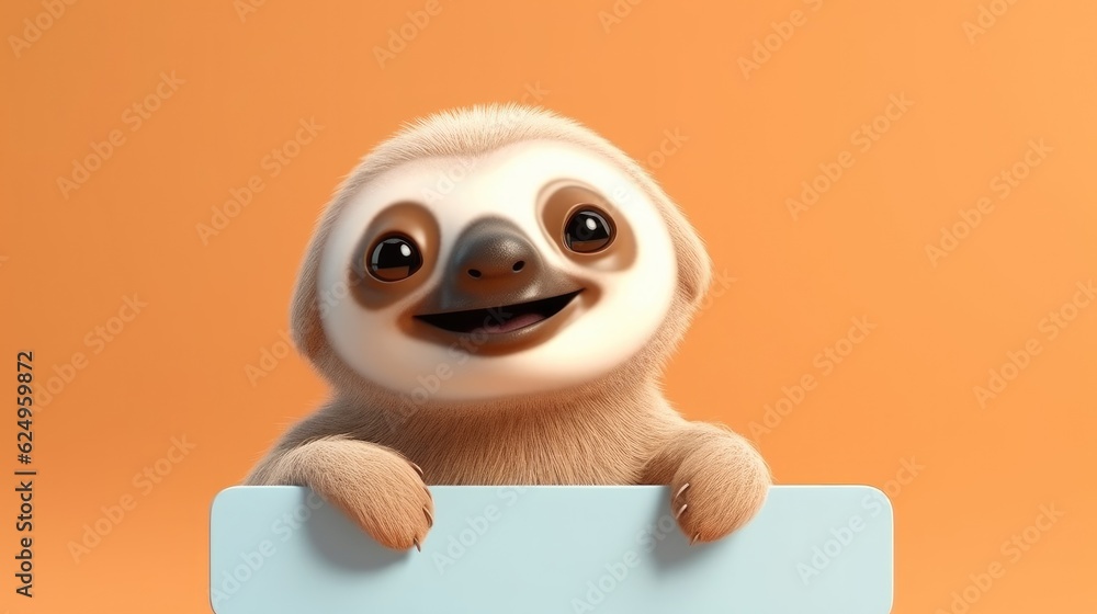 Cute cartoon sloth holding a blank sign. Created with Generative AI. Cute cartoon sloth holding a blank sign. Created with Generative AI.