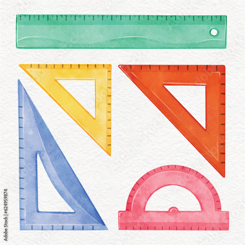 multicolored school rulers set isolated on white background. hand drawn watercolor rulers collection. Protractor, rulers, triangular rulers with scale